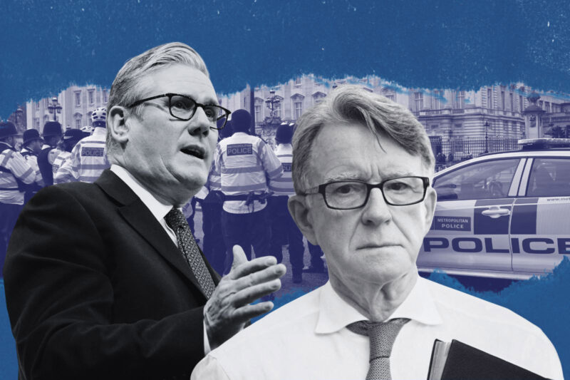 A composite image with separate portrait pictures of Keir Starmer and Peter Mandelson in the foreground and another photo of a group of Metropolitan police officers behind them