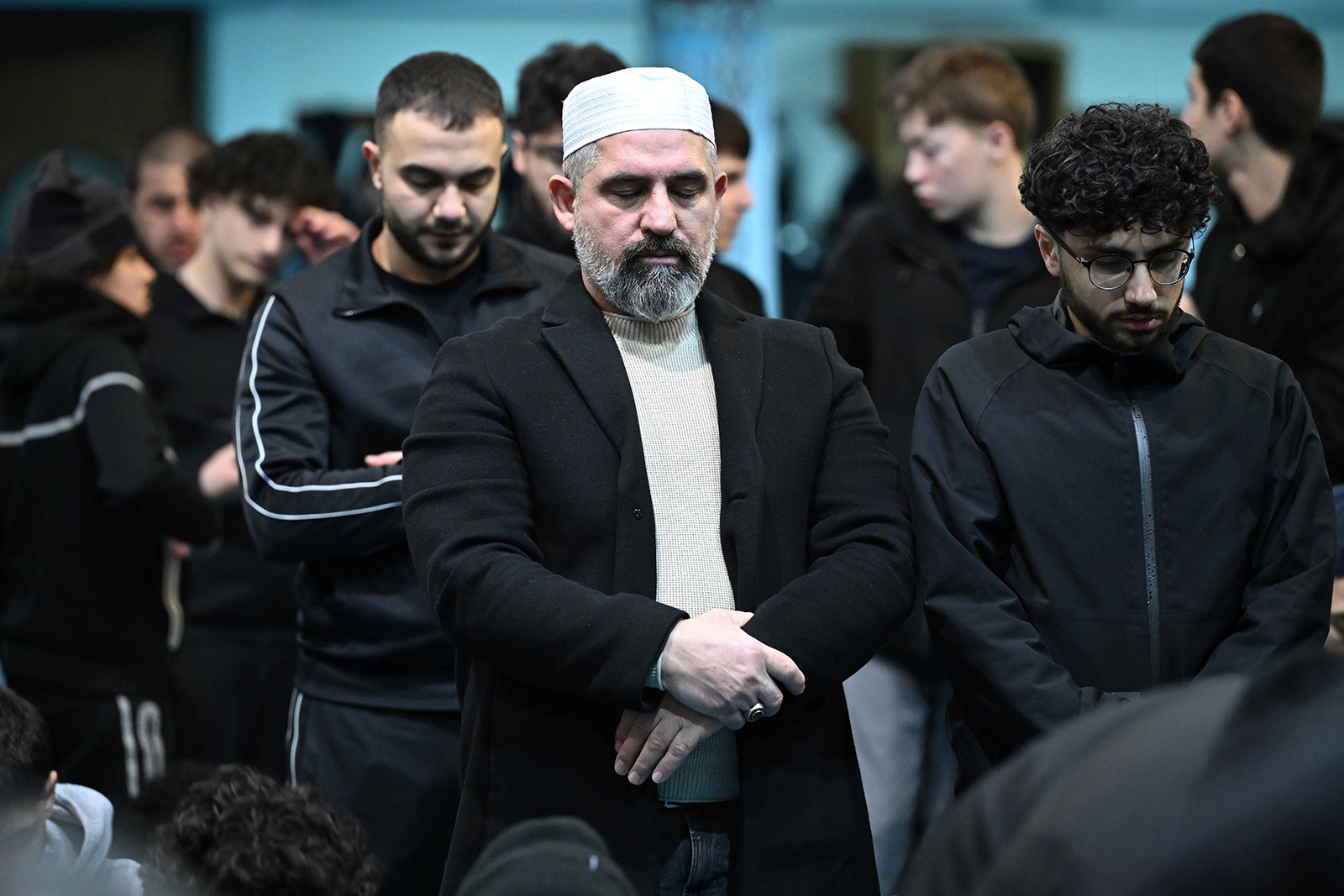 A photograph of people performing the first tarawih prayer of Ramadan at Aziziye Mosque in Stoke Newington, London, on February 18 2026