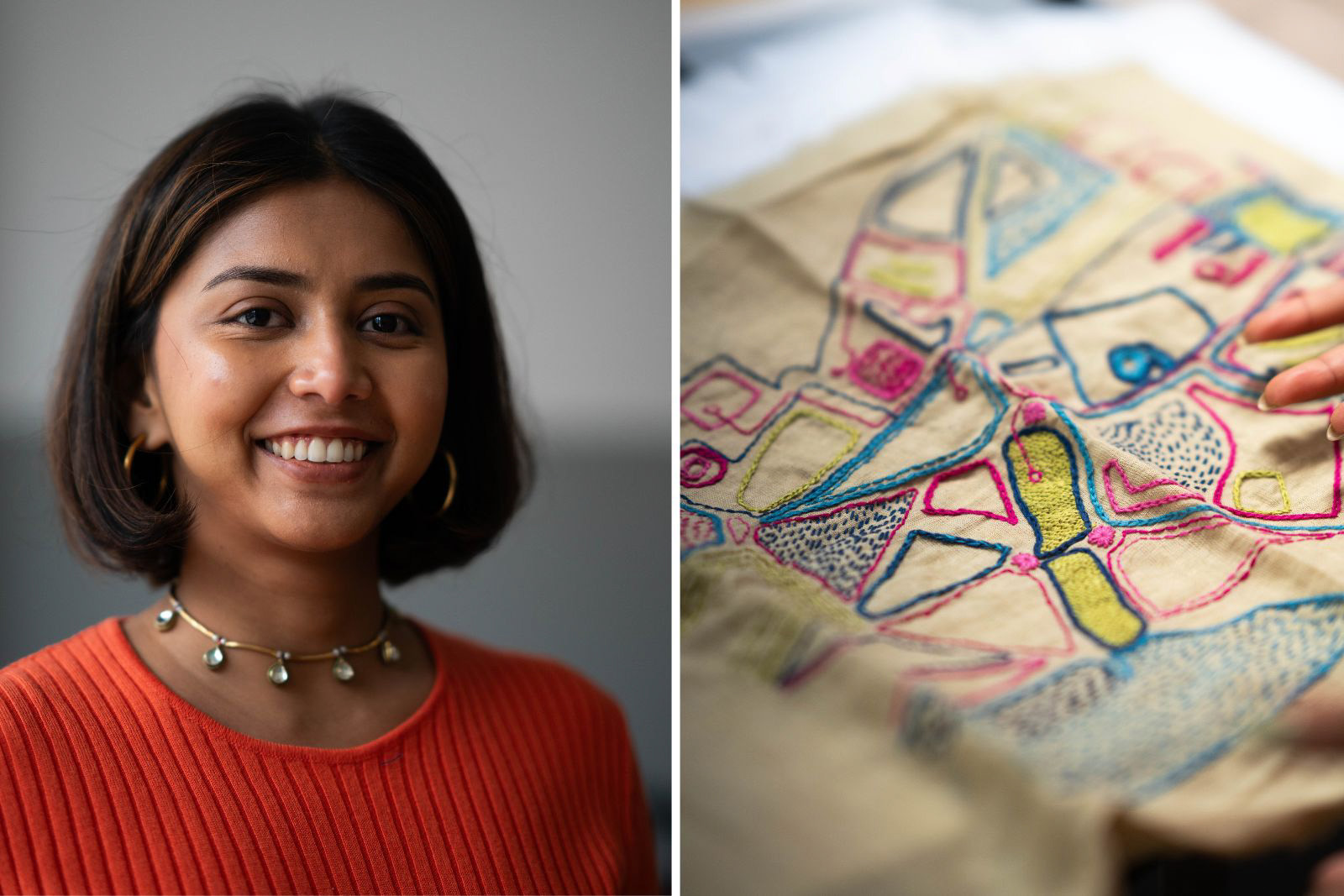A composite image made up of two photographs, with a portrait of Homelore founder Riddhi Varma on the left, and of embroidery created by her workshop group for their Lisbon exhibition Taking Root on the right