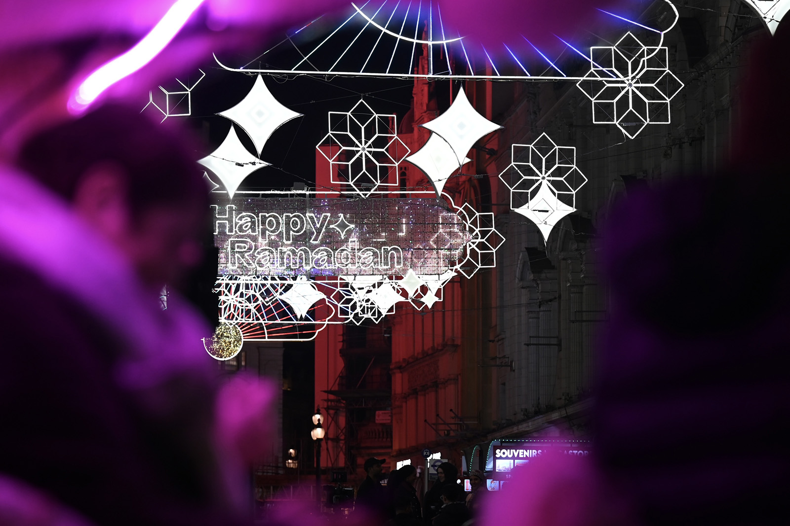Ramadan Lights illuminating Coventry Street in central London, February 2025