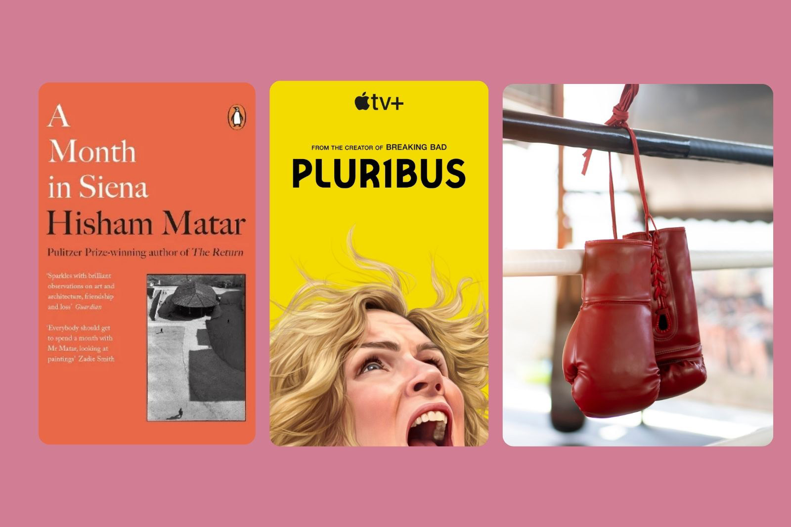 A montage of images showing things Mars El-Masry likes (left to right): A month in Siena by Hisham Matar, Apple TV series Pluribus, boxing gloves