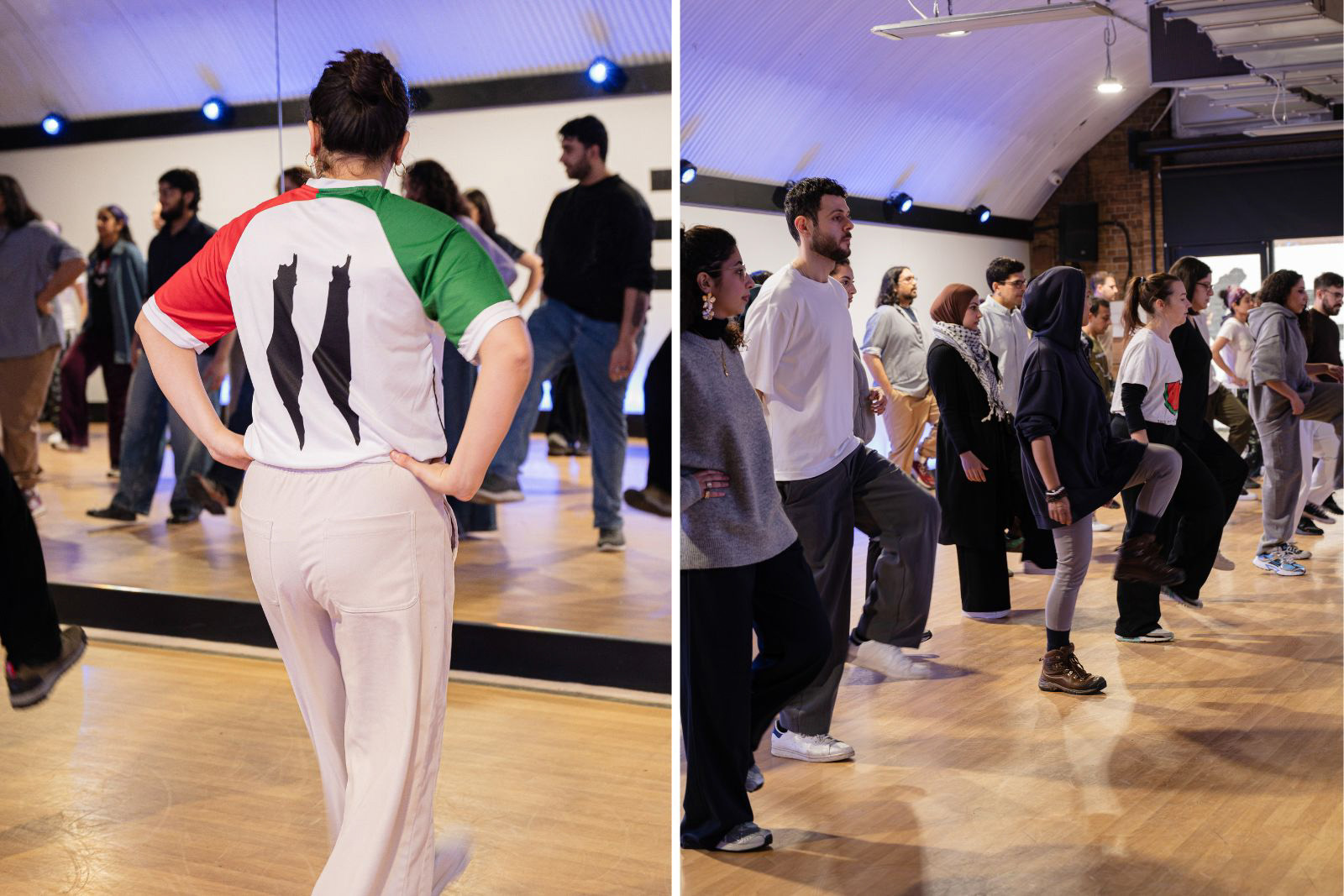 Two photographs of people learning dabke dance steps at a DabkeRoots community workshop