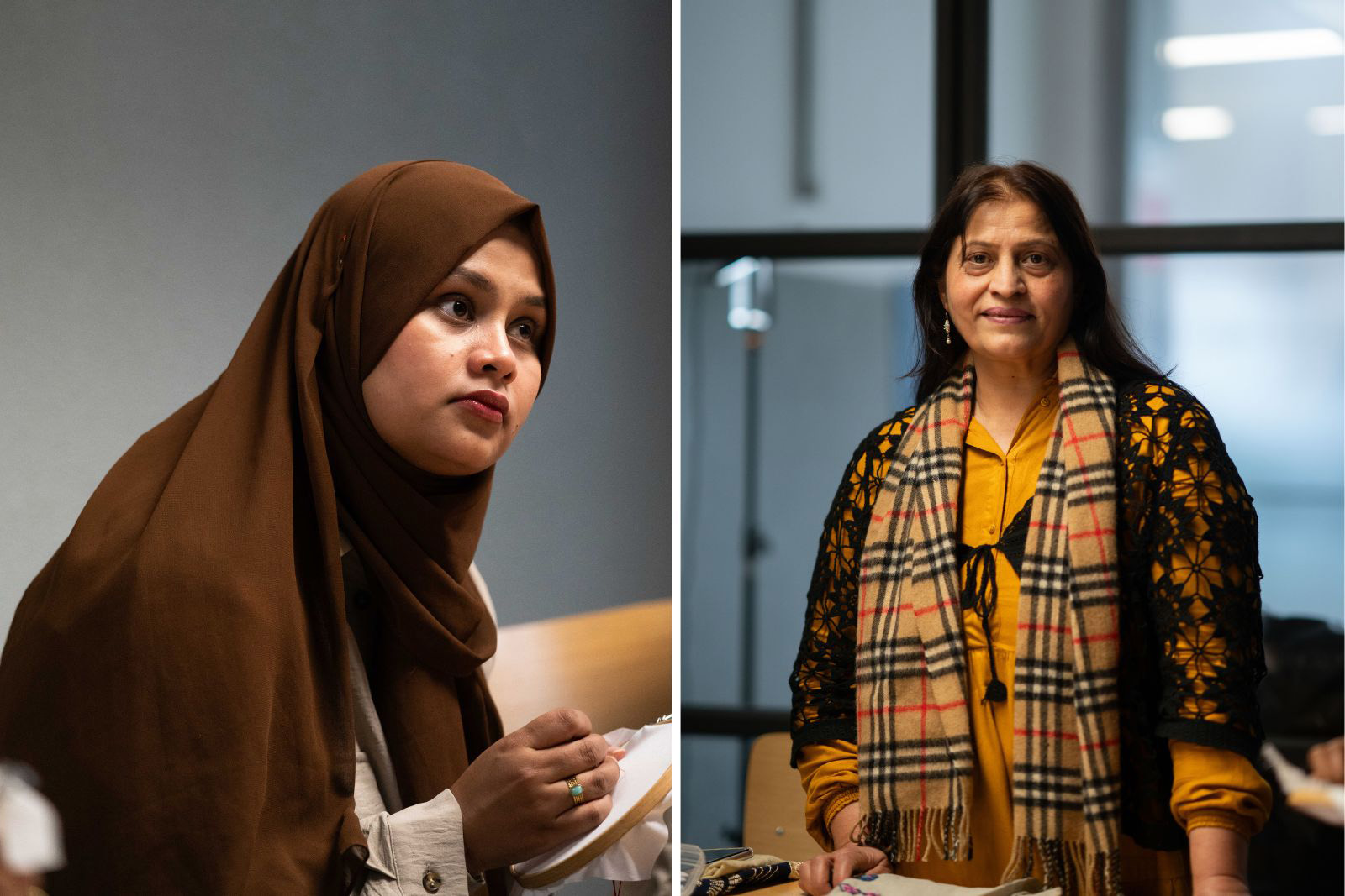 A composite image with portrait photographs of workshop attendee Al Muntaha (left) and teacher Shamim Muneer