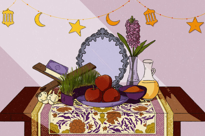 An illustration of the haft-sin, the centrepiece of Nowruz celebrations for Iranian new year. It depicts a a table decorated with seven symbolic items that represent hopes for the new year: garlic, apples, sumac, vinegar, dried oleaster fruits, sweet wheat germ pudding and sprouted greens
