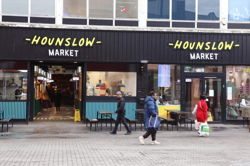 A photograph of the exterior of Hounslow Market food court in the Treaty Shopping Centre in Hounslow, London.