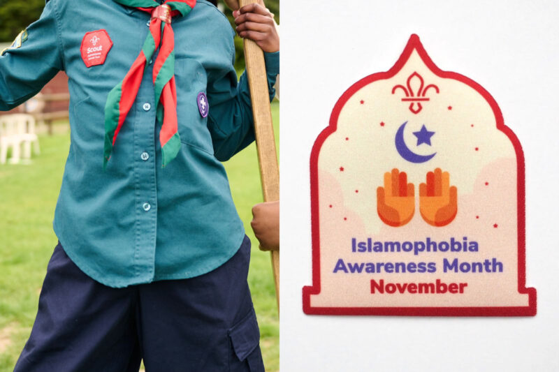 A split image showing a child in a Scouts uniform, their face not visible but with a neck tie and badges, and (right) a picture of the badge, which has a pair of open hands and the Islamic crescent symbol alongside the Scouts' fleur-de-lis symbol and the words "Islamophobia Awareness Month - November"