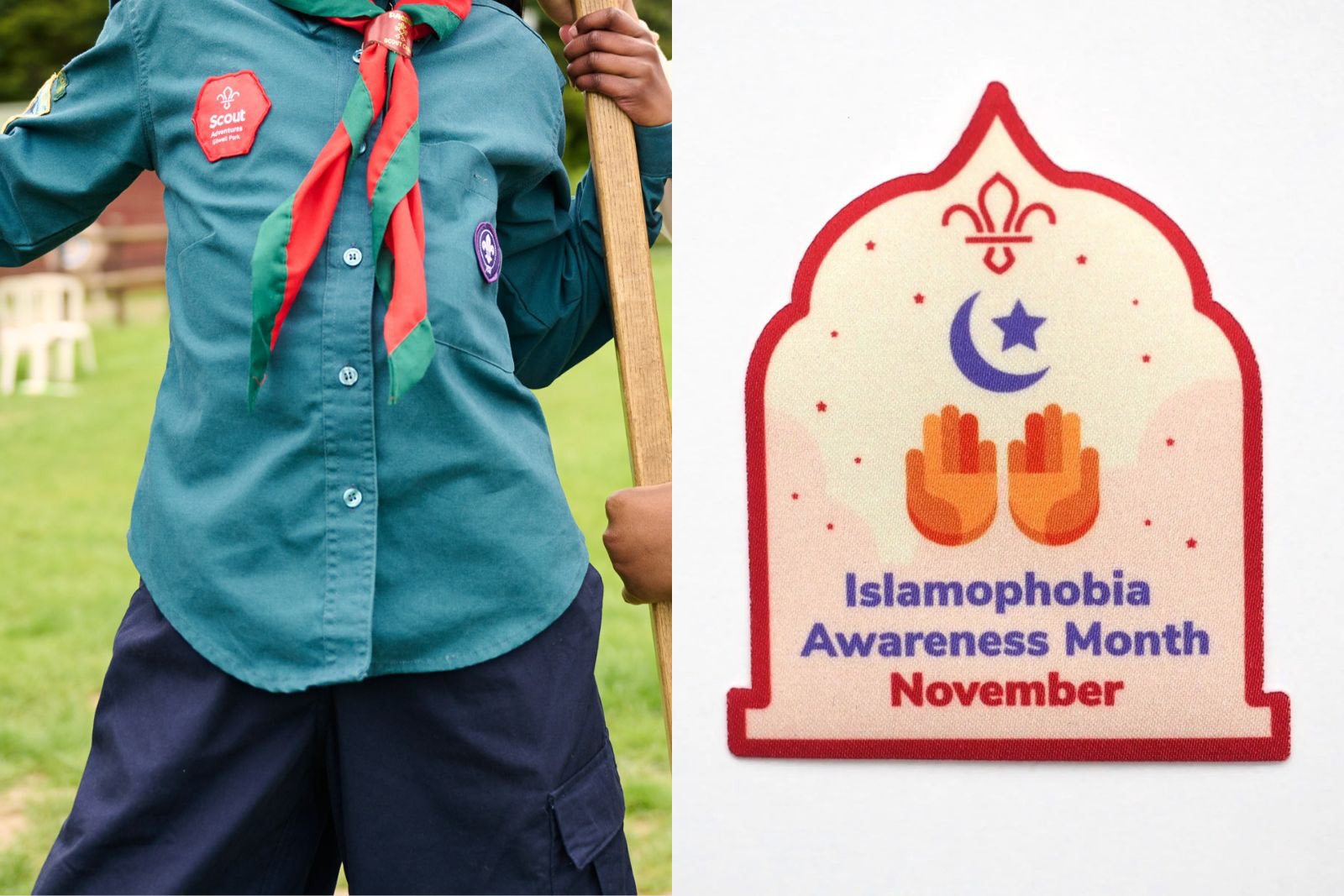 A split image showing a child in a Scouts uniform, their face not visible but with a neck tie and badges, and (right) a picture of the badge, which has a pair of open hands and the Islamic crescent symbol alongside the Scouts' fleur-de-lis symbol and the words "Islamophobia Awareness Month - November"