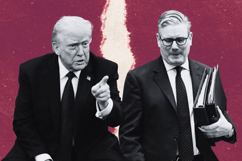 A composite image with (left) a photo of Donald Trump taking media questions during the Oval Office meeting on Tuesday 3 March when he described Keir Starmer as 'no Winston Churchill'; and (right) a photo of Starmer leaving Downing Street for PMQs on Wednesday 4 March. The red background, with a white tear down the middle, signifies the possible damage done to the UK/US 'special relationship' by this latest spat