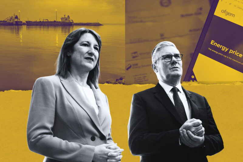 A composite image with a photograph of Rachel Reeves and Keir Starmer, overlaid on a picture of a bulk carrier in Muscat, Oman on 23 March 2026 (background, left) and a computer screen showing the Ofgem energy price cap web page (background, right)