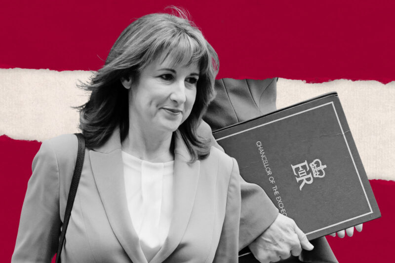 A composite image with one picture of UK chancellor Rachel Reeves overlayed on another, in which just her hands are visible, holding a file with Chancellor of the Exchequer on it