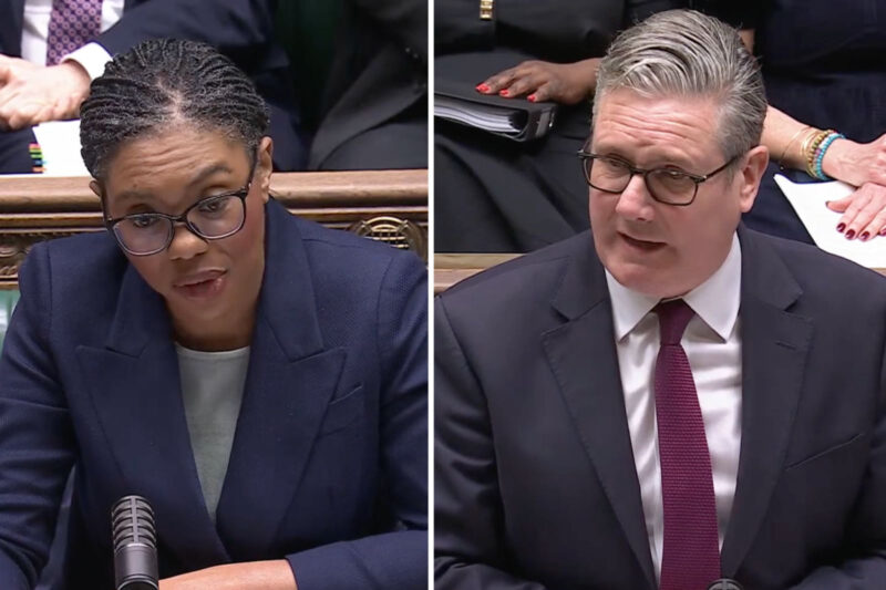 A split image of Kemi Badenoch and Keir Starmer speaking during PMQs, both in dark suits and glasses.