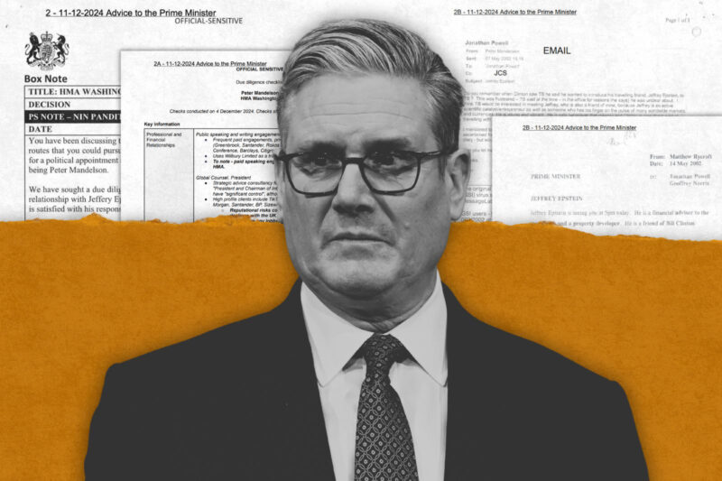 Keir Starmer from the chest up, in a suit, pictured in greyscale looking serious. Behind him is a collage of fragments of documents, mostly with incomplete sentences