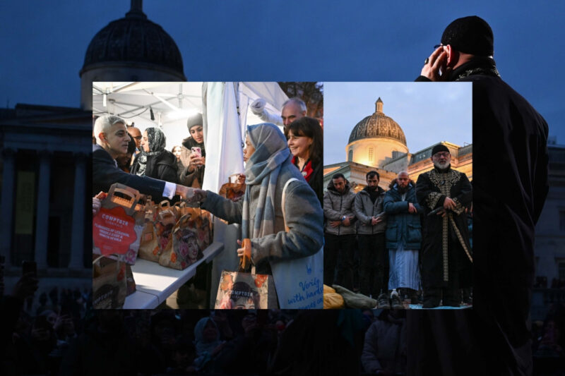 A composite of three images showing food being handed out with the mayor of London Sadiq Khan, men with their heads bowed, and the National Portrait Gallery in the background