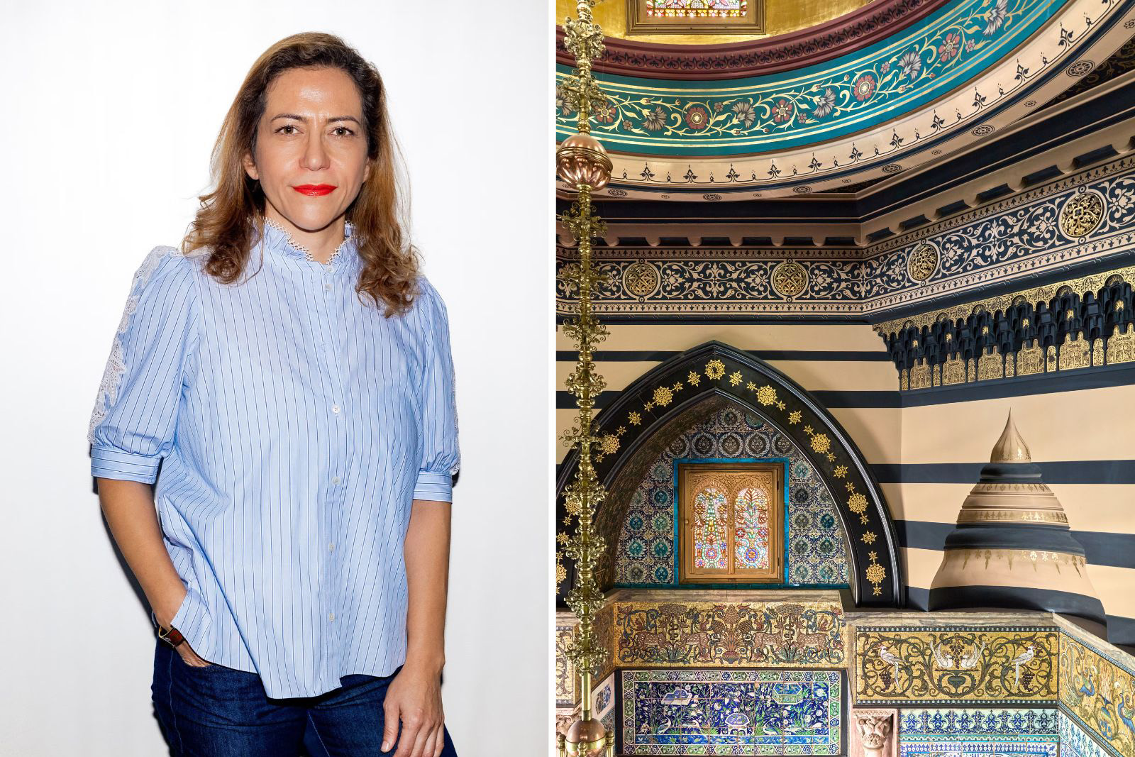 Filmmaker Soudade Kaadan (keft) and interior details of Leighton House on right.