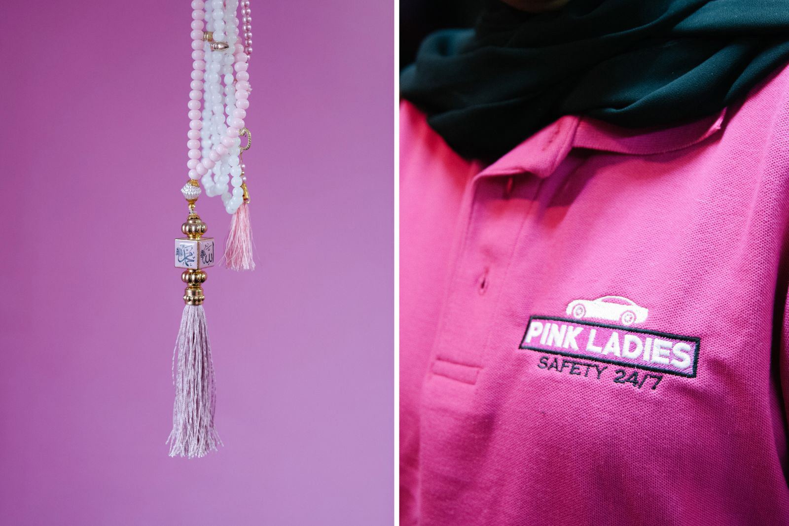 Prayer beads hanging up in the Pink Ladies office (left) and a detail from the Pink Ladies uniform (right) The office is full  of ephemera belonging to the team, a hand made paper weight, a gifted prayer mat, a mix of personal items and gifts from customers.
