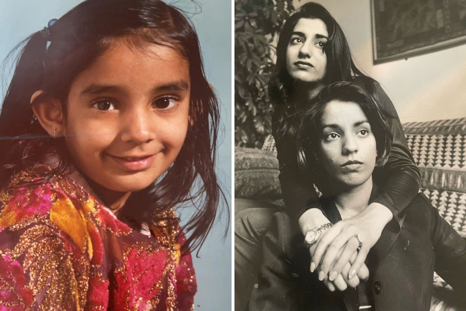 A composite image comprising two photographs, with a portrait of Naz Shah as a child (on the left), and (on the right) an older Naz with her sister Foz, who is sitting behind Naz and has her arms wrapped around Naz's shoulders