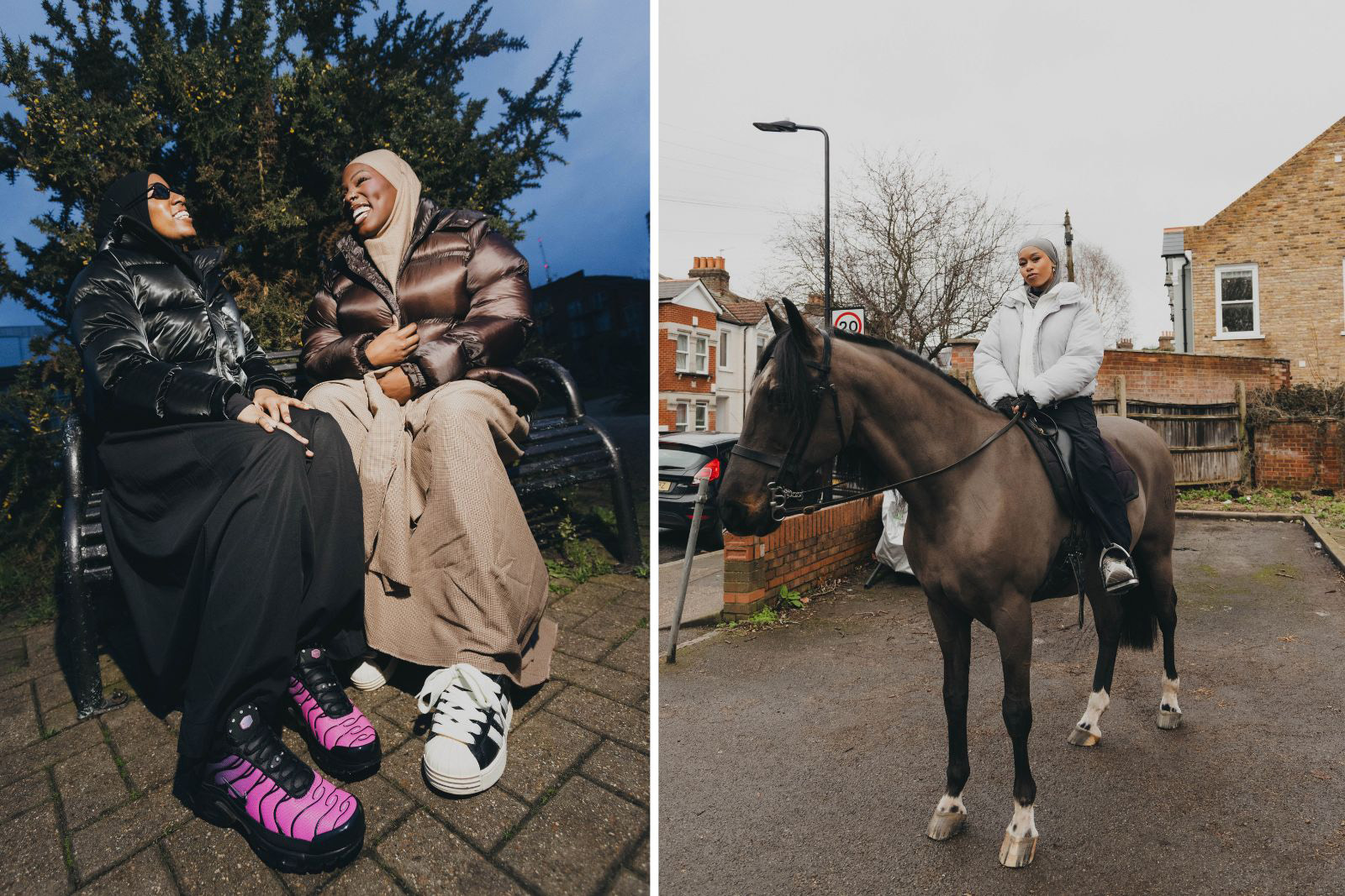 A composite image of two photographs from the Foot Locker Ramadan marketing campaign, with (on the left) Tiktok creators Faceliss and Ameena Roshae seated on a bench chatting, and (on the right) jockey Khadijah Mellah on a horse