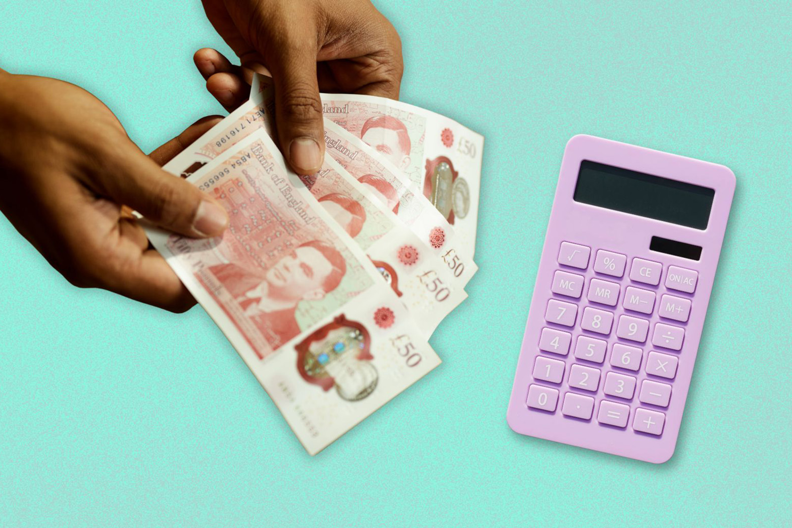 A composite image of a pair of hands holding banknotes (on the left) and a calculator (on the right)