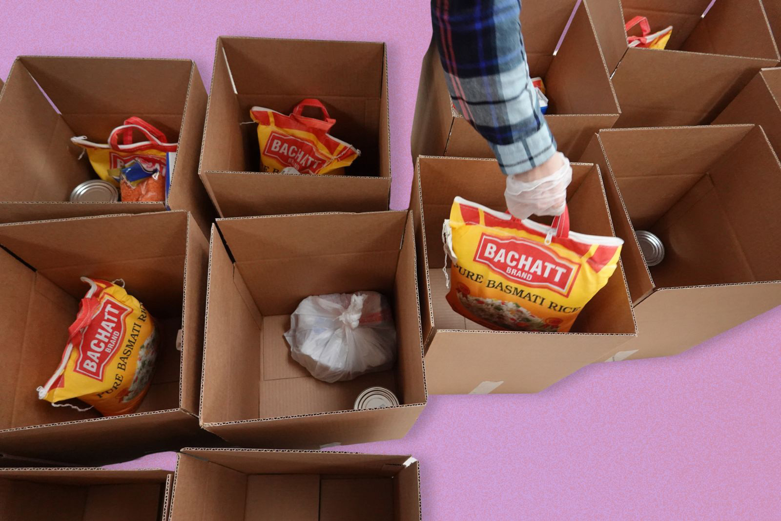 A composite image of a volunteer putting together food donation boxes, against a purple background