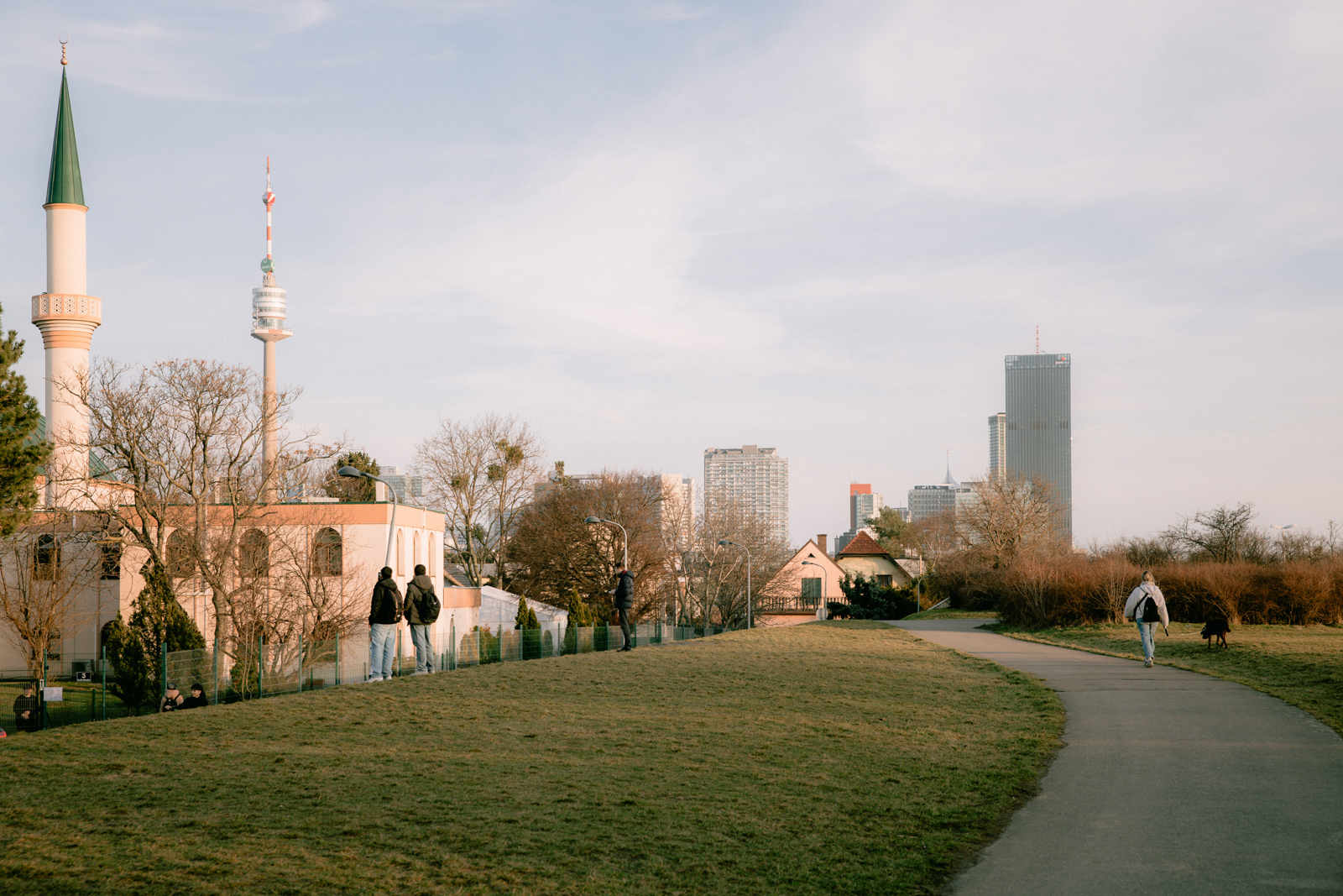 A photograph showing a view of the New Danube riverside area of Vienna, with the Austrian capital's Islamic Centre visible on the left of the image.