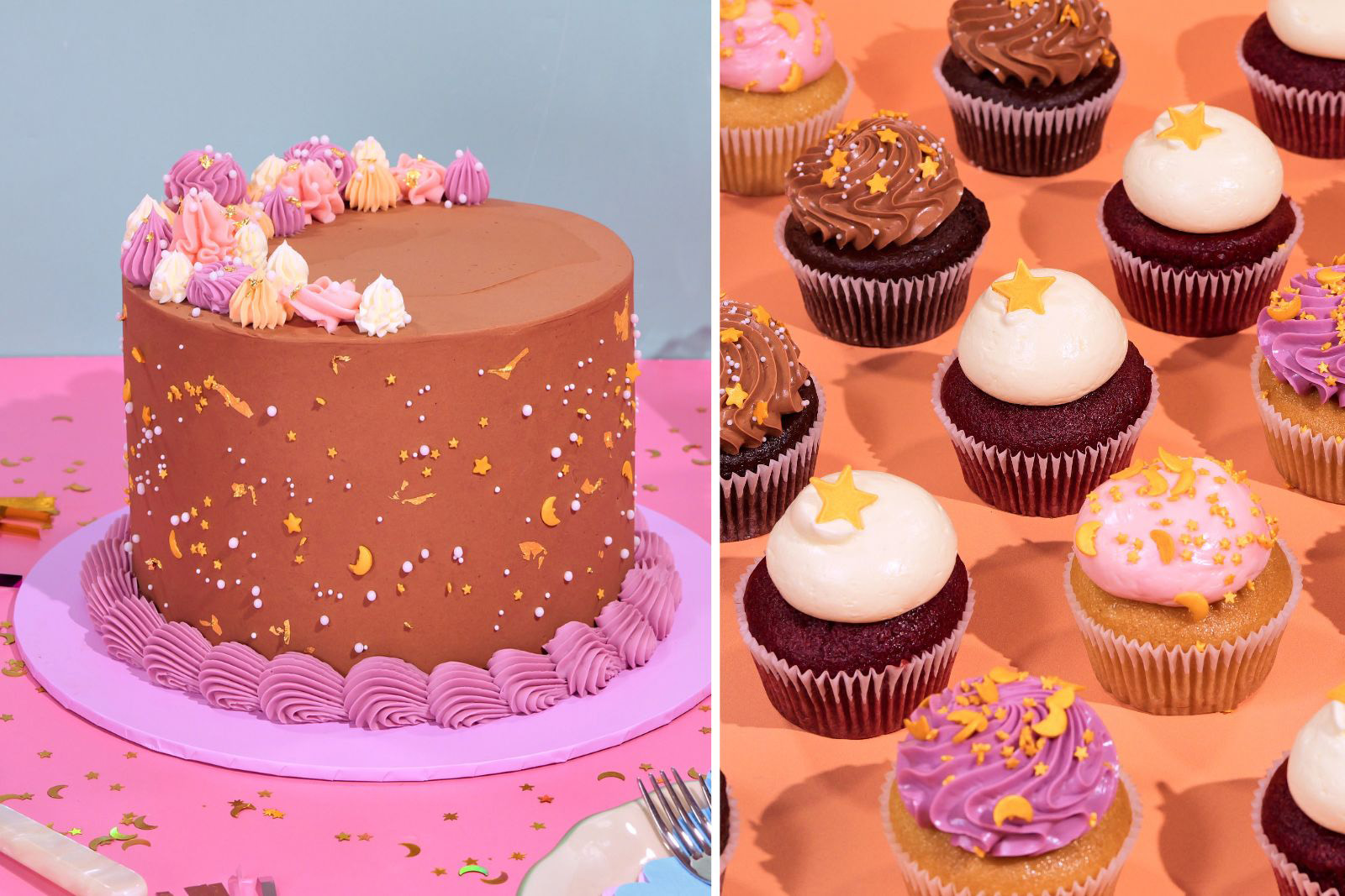 A composite image of two photographs, with an Eid cake (on the left) and cupcakes (right) by Crumbs and Doilies
