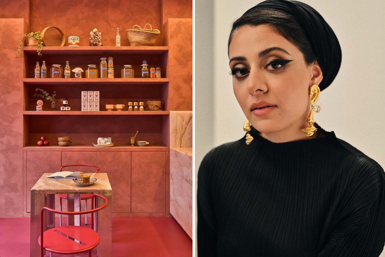 A composite image comprising a photograph of the Oula Cafe at Ibraaz (left); and a portrait of architect Sumayya Vally (right), who redesigned the 93 Mortimer Street building