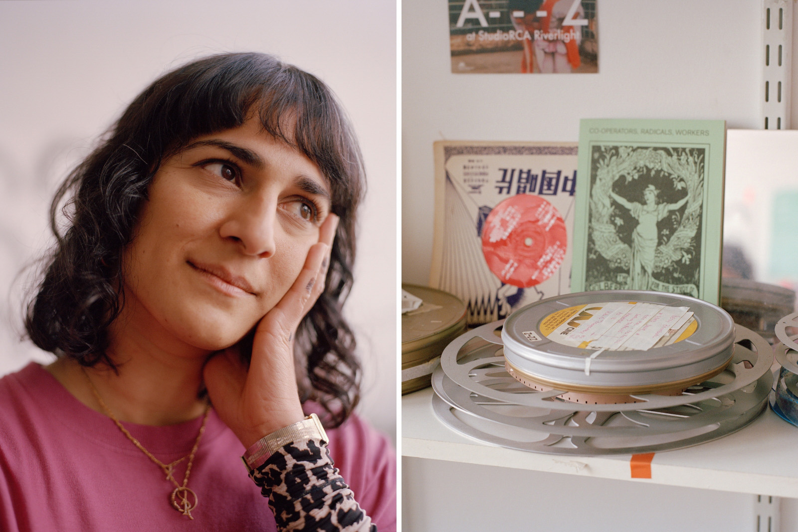 A composite image with (on the left) a close-up of Rehana Zaman resting her face against her left hand, and (on the right) film stock on a shelf in her studio in London