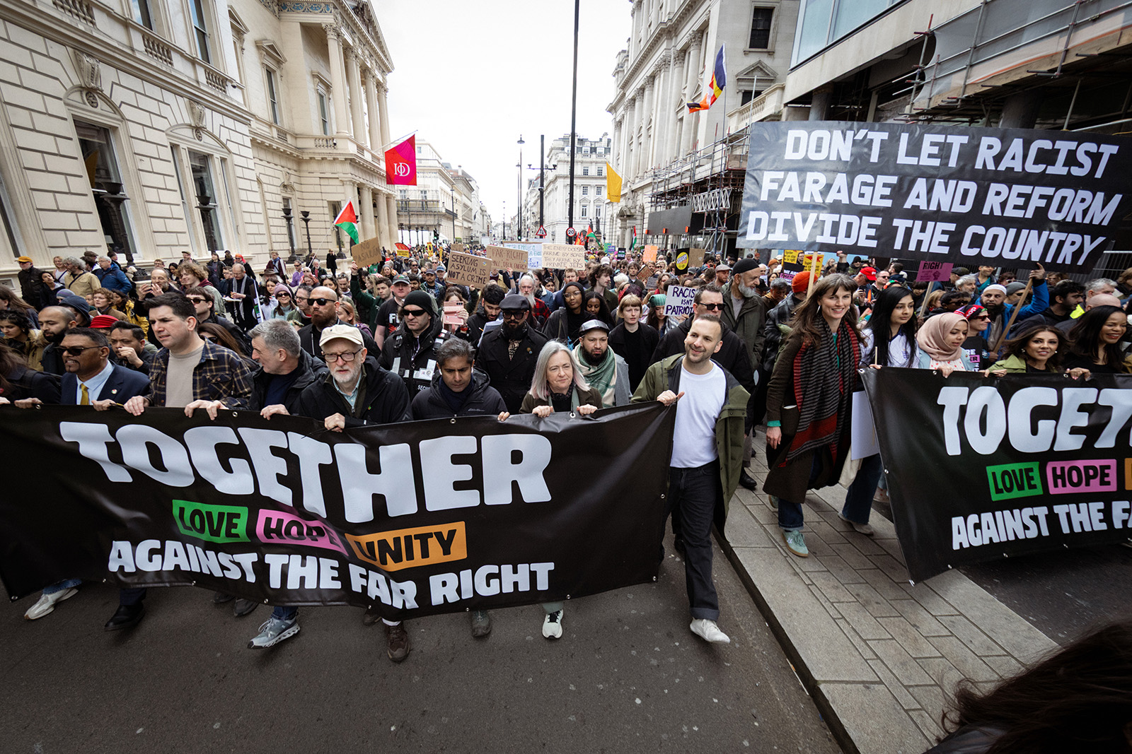 Politicians including Jeremy Corbyn and Zach Polanski lead protesters through central London on Saturday 28 March 2026