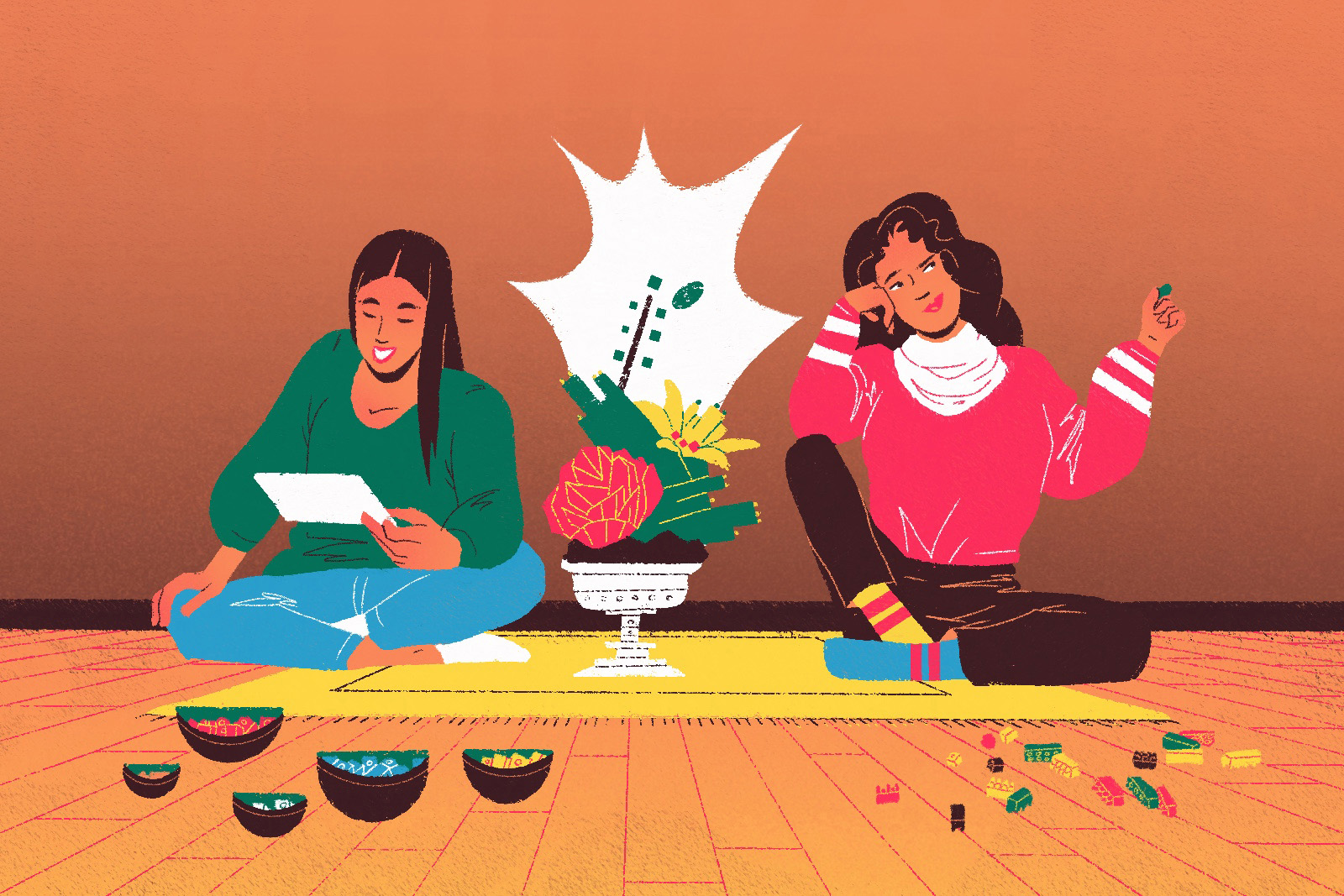 Illustration for an article about how a writer reconnected with her adult sister by making building Lego sets together, showing two young women sitting on the floor, surrounded by Lego bricks
