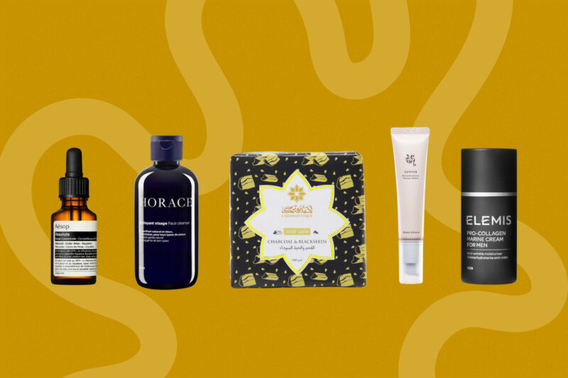 A composite image of five products for a beginner's male grooming routine from Aesop, Horace, L’Araboutique, Beauty of Joseon and Elemis