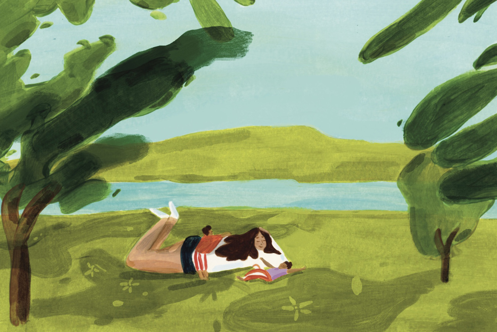 Illustration for a Family Trees opinion article, showing a mother and two children lying beside a river, surrounded by green countryside and trees
