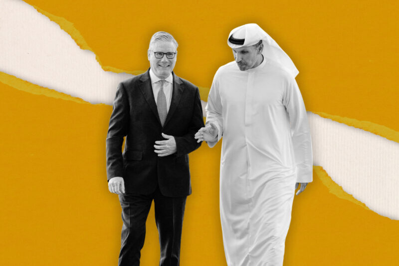 A composite image comprising a yellow backdrop with a white strip across the middle, behind a photograph of Keir Starmer with Khaldoon Khalifa Al Mubarak, senior UAE government official and business leader, in Abu Dhabi on 9 April 2026.