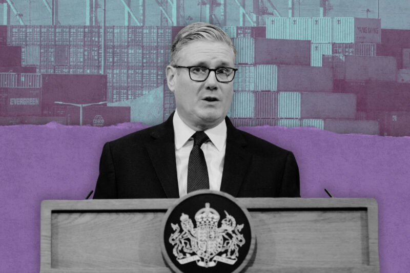 A cut out black and white image of Keir Starmer in a suit and tie speaking at a lectern, with a colourised close-up of shipping containers on a boat as the background