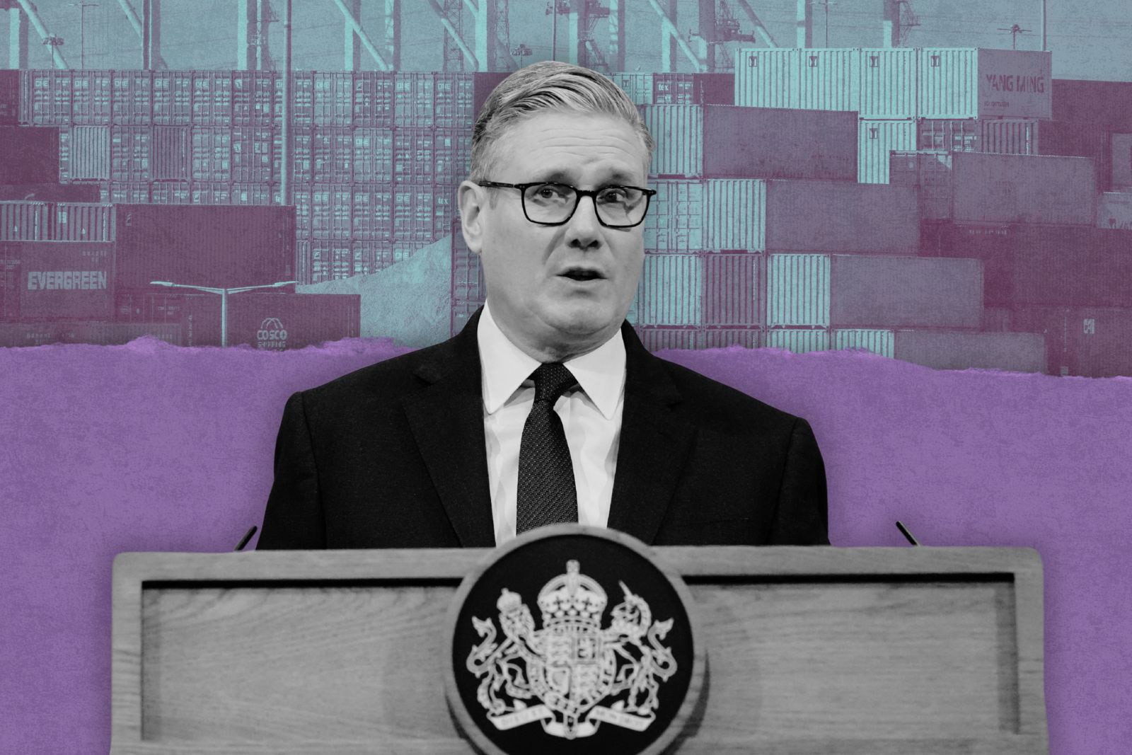 A cut out black and white image of Keir Starmer in a suit and tie speaking at a lectern, with a colourised close-up of shipping containers on a boat as the background