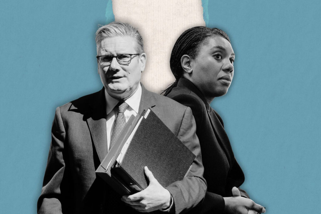 A composite image made up of separate, overlapping photographs of Keir Starmer (on the left) and Kemi Badenoch, on a blue and white background
