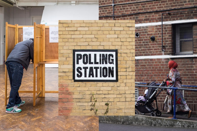 A composite image featuring on the left, a photo of a man in a voting booth, in the centre a 'Polling Station' sign on a building, and on the right a woman with a child in a pushchair outside a polling station
