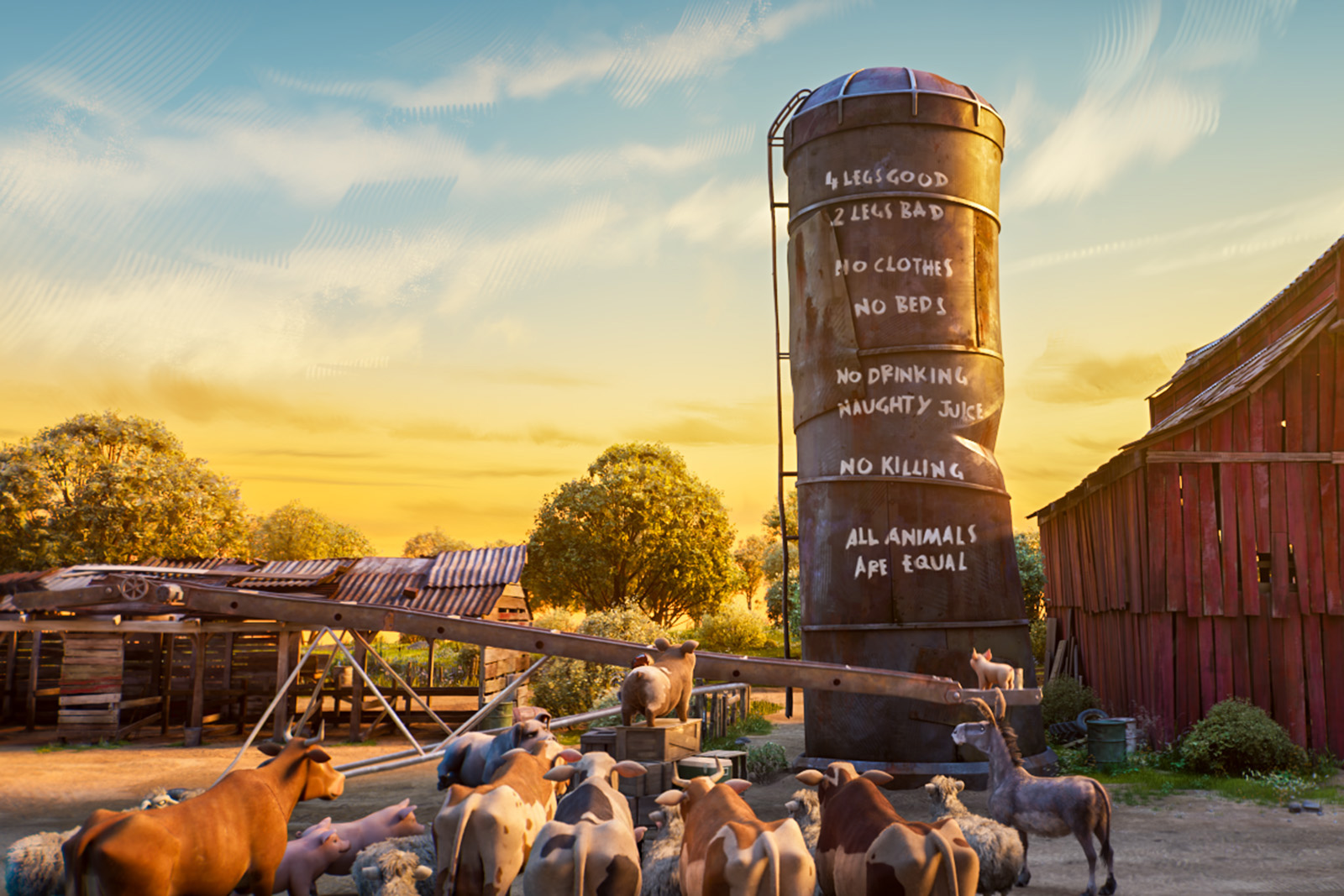 A still image from the Animal Farm 2025 animated film adaptation, featuring the farm animals gathered round its version of the Seven Commandments of Animalism, from George Orwell's 1945 novella, which are written on a grain silo: 4 leg good, 2 legs bad, no clothes, no beds, no drinking naughty juice, no killing, all animal are equal.