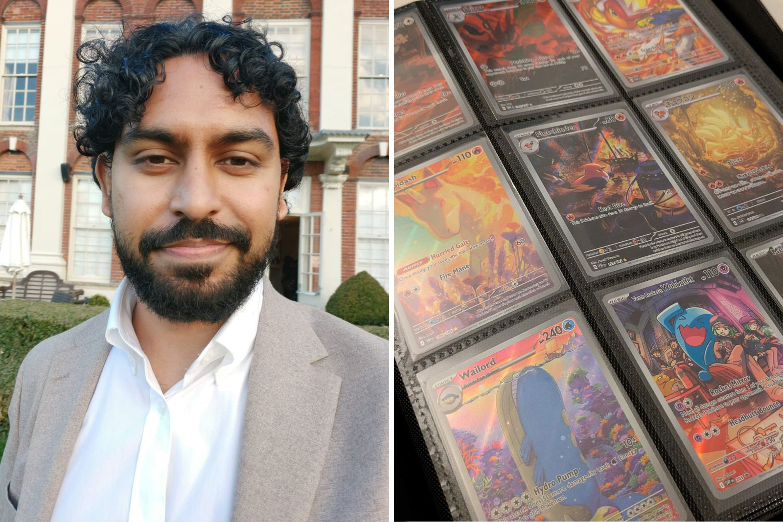 Fahad Khan (left) and part of his Pokemon card collection (right)