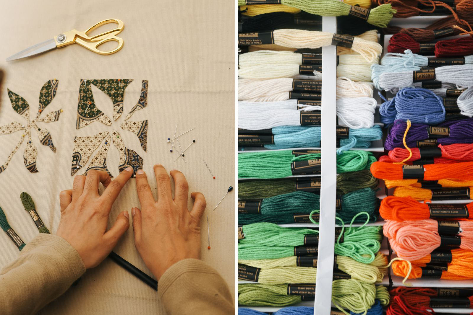 A composite image with (on the left) a photograph of an Uncycled Sajada workshop attendee creating her own design, and (on the right) a selection of different-coloured threads used at the event