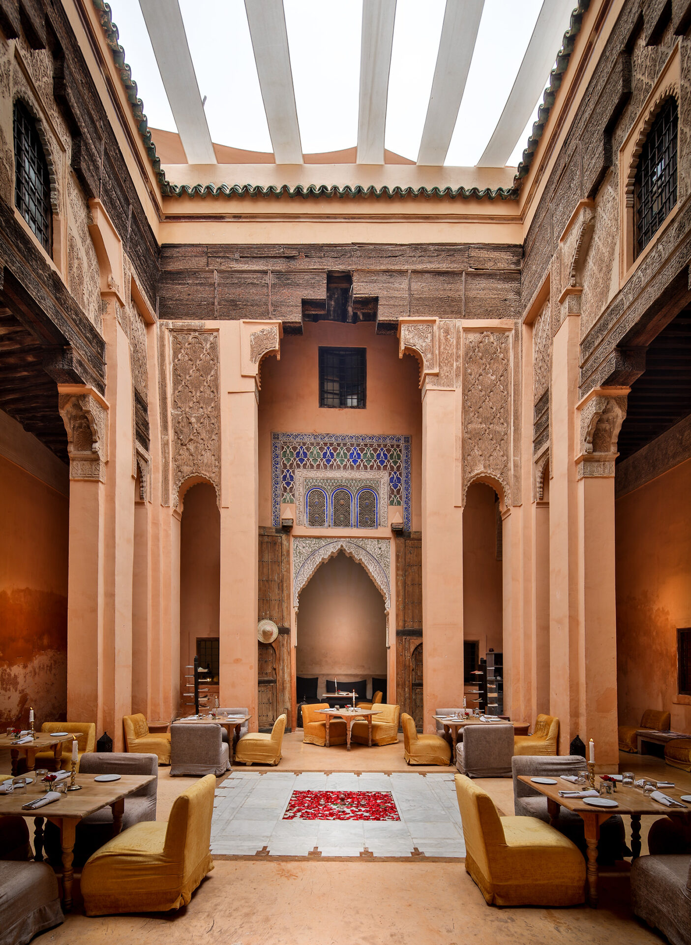A photograph of the interior of Dar Cherifa, a Marrakech restaurant situated in a renovated riad (garden courtyard)