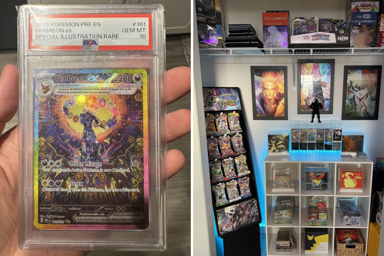 Left: A PSA 10 graded Umbreon ex Special Illustration Rare Pokémon card.