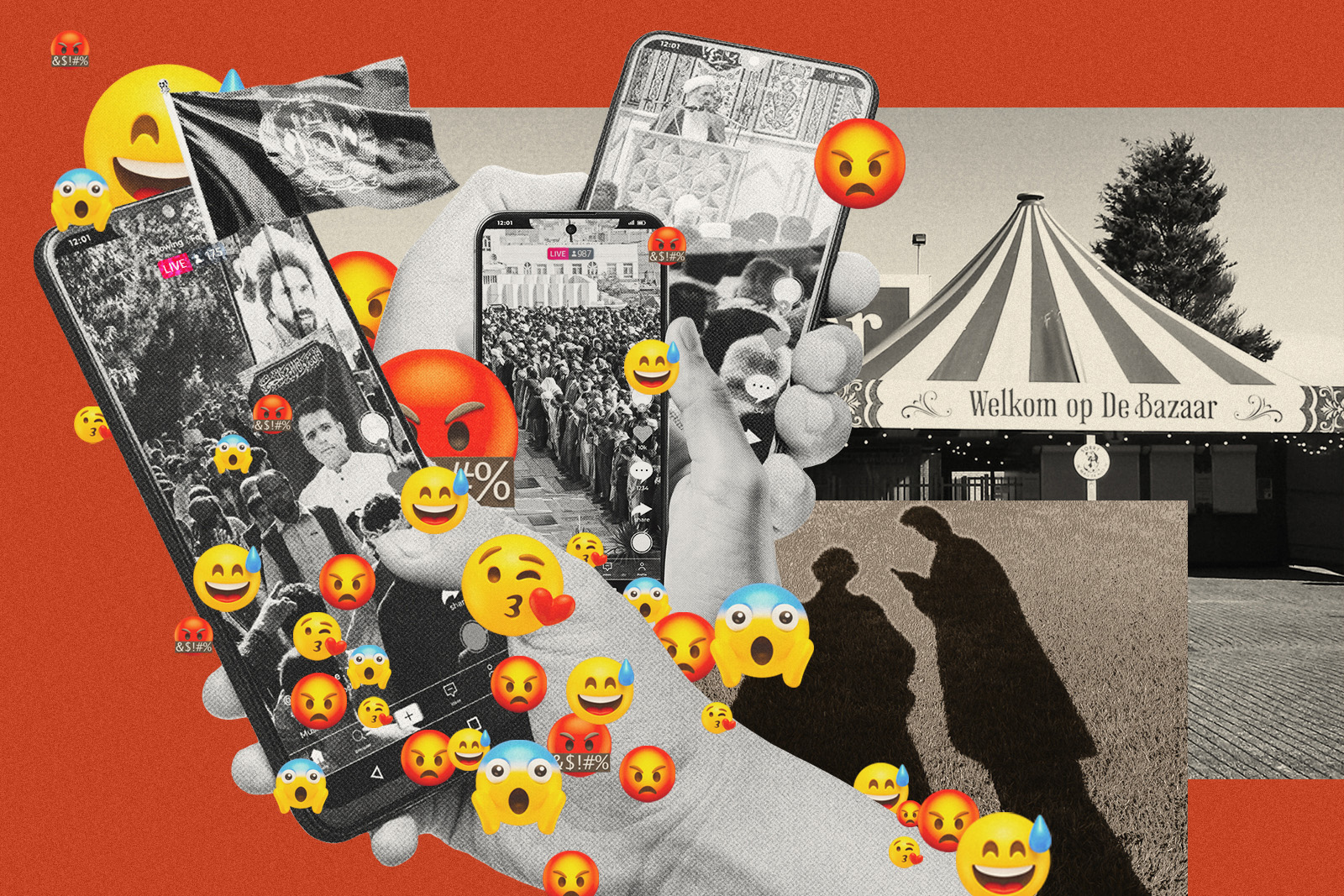 Illustration for article about how Afghans in the Netherlands receive news from home via TikTok Live, featuring images of hands holding smartphones overlayed with emojis expressing a range of positive and negative emotions