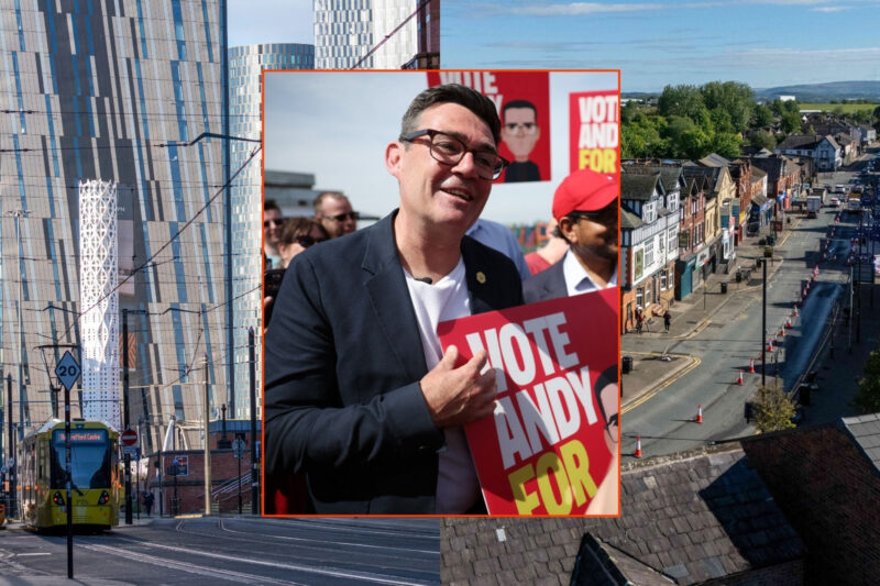 A composite image featuring an inset photo of Andy Burnham campaigning with a 'Vote Andy' placard, either side of photos of central Manchester (on the left) and Makerfield (on the right)