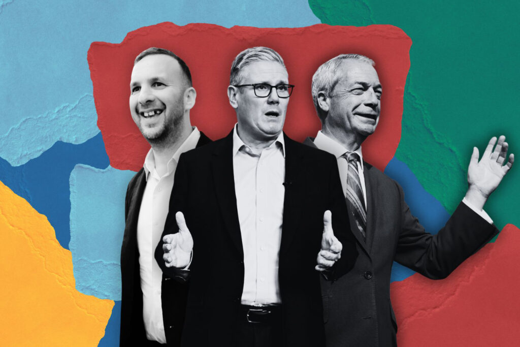 Black and white images of Keir Starmer (centre), Zack Polanski (left) and Nigel Farage (right) against a multicolour background a little like torn paper