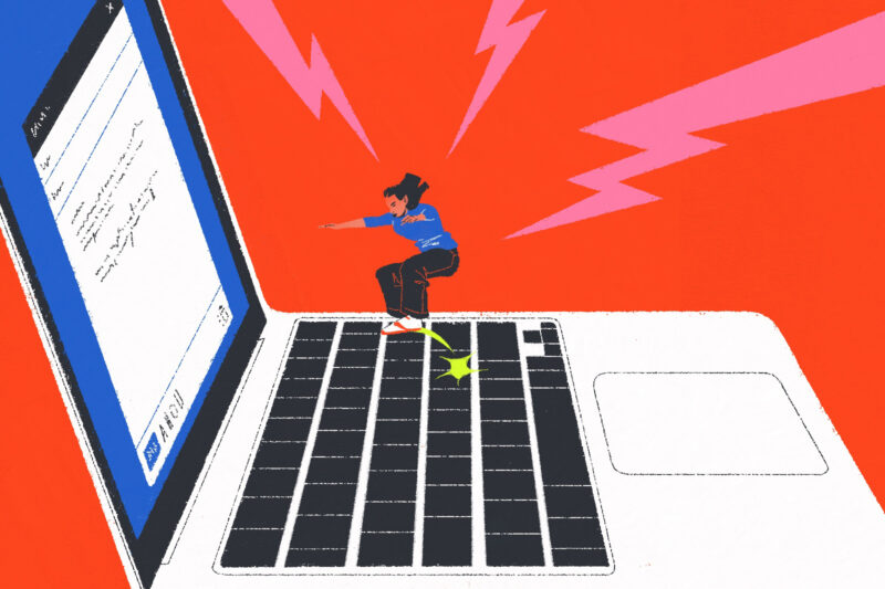 Illustration of a woman jumping up and down on a laptop keyboard, for an opinion article about the writer composing emails they will never send to vent their rage and frustration