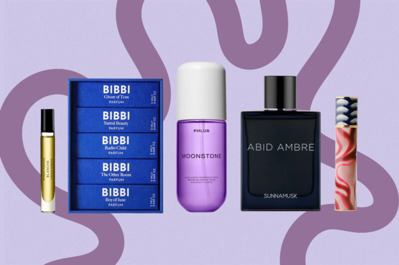 A photo montage of products to consider for perfume layering by Byredo, Bibbi, Phlur, Sunnamask and Dries van Noten
