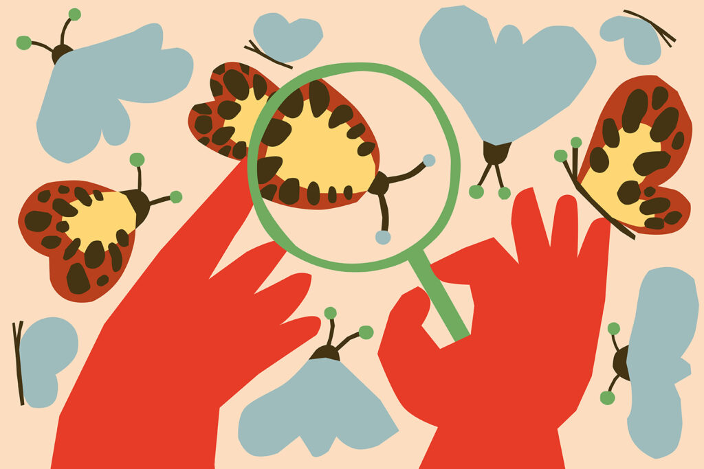 Illustration depicting hands holding a magnifying glass looking at bugs.