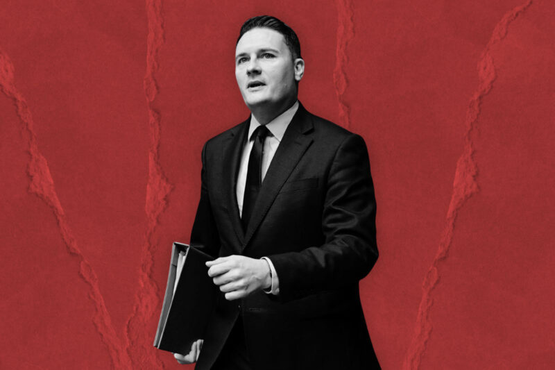 A composite image, with a cutout photograph of Wes Streeting superimposed on a red background