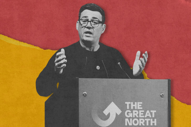 A black and white image of Andy Burnham behind a lectern reading 'The Great North'. Behind him is an abstract, simple red and yellow design
