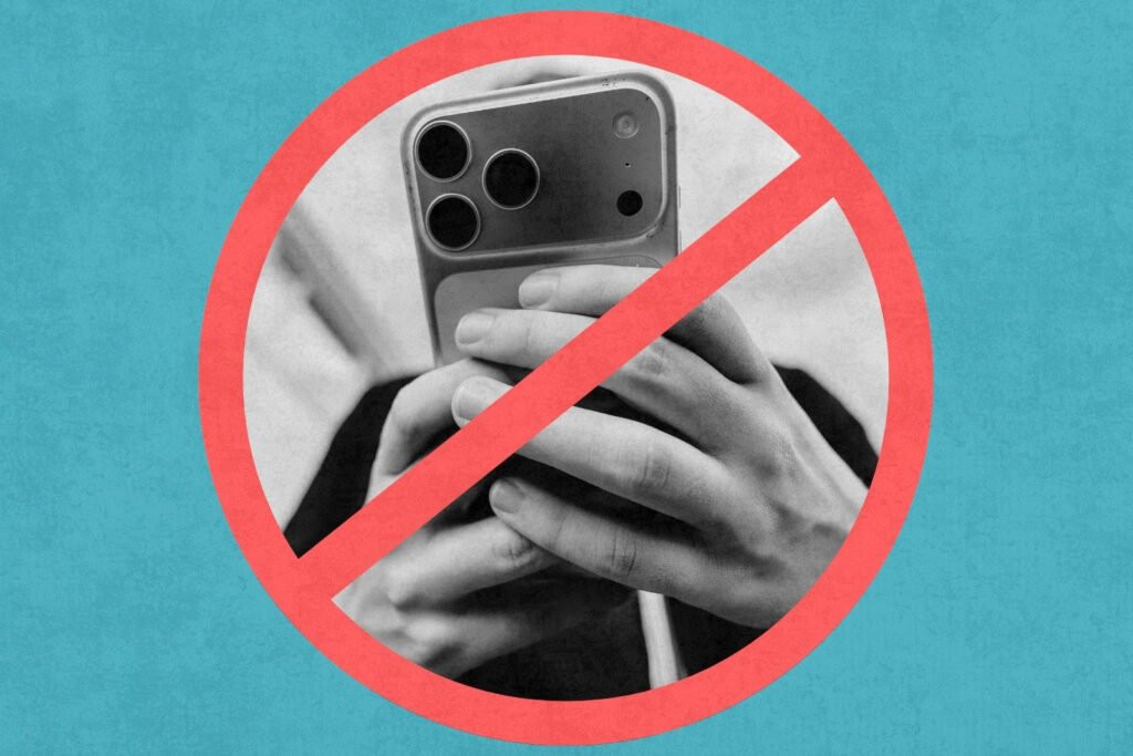A composite image consisting of a black and white photo of someone with a smartphone in their hands, inside a graphic of a red circle with a diagonal red line across the photo